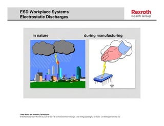 ESD Workplace Systems
Electrostatic Discharges



                  in nature                                                                    during manufacturing




Linear Motion and Assembly Technologies
© Alle Rechte bei Bosch Rexroth AG, auch für den Fall von Schutzrechtsanmeldungen. Jede Verfügungsbefugnis, wie Kopier- und Weitergaberecht, bei uns.
 