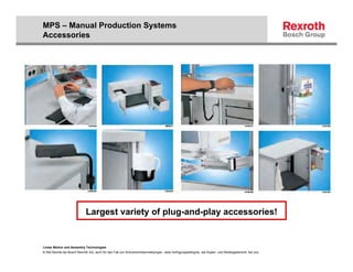 MPS – Manual Production Systems
Accessories




                             Largest variety of plug-and-play accessories!


Linear Motion and Assembly Technologies
© Alle Rechte bei Bosch Rexroth AG, auch für den Fall von Schutzrechtsanmeldungen. Jede Verfügungsbefugnis, wie Kopier- und Weitergaberecht, bei uns.
 