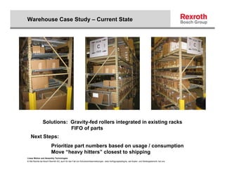 Warehouse Case Study – Current State




                Solutions: Gravity-fed rollers integrated in existing racks
                           FIFO of parts
   Next Steps:
                         Prioritize part numbers based on usage / consumption
                         Move “heavy hitters” closest to shipping
Linear Motion and Assembly Technologies
© Alle Rechte bei Bosch Rexroth AG, auch für den Fall von Schutzrechtsanmeldungen. Jede Verfügungsbefugnis, wie Kopier- und Weitergaberecht, bei uns.
 
