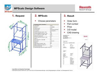 MPScalc Design Software

1. Request                                              2. MPScalc                                                             3. Result
                                                                Choose parameters                                                      Order form
                                                                                                                                       Part number
                                                                                                                                       Price
                                                                                                                                       3-D model
                                                                                                                                       CAD drawing




Linear Motion and Assembly Technologies
© Alle Rechte bei Bosch Rexroth AG, auch für den Fall von Schutzrechtsanmeldungen. Jede Verfügungsbefugnis, wie Kopier- und Weitergaberecht, bei uns.
 