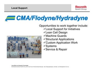 Local Support




                                                                       Opportunities to work together include:
                                                                           Local Support for Initiatives
                                                                           Lean Cell Design
                                                                           Machine Guards
                                                                           Structural Applications
                                                                           Custom Application Work
                                                                           Systems
                                                                           Service & Repair




Linear Motion and Assembly Technologies
© Alle Rechte bei Bosch Rexroth AG, auch für den Fall von Schutzrechtsanmeldungen. Jede Verfügungsbefugnis, wie Kopier- und Weitergaberecht, bei uns.
 