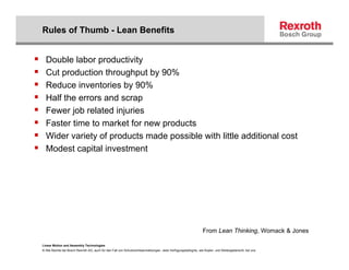 Rules of Thumb - Lean Benefits


  Double labor productivity
  Cut production throughput by 90%
  Reduce inventories by 90...
