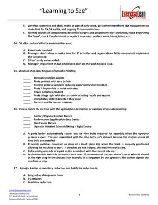 Simple Manufacturing Test Question Lean Manufacturing Exam Questions Mar 2011 | DOCX