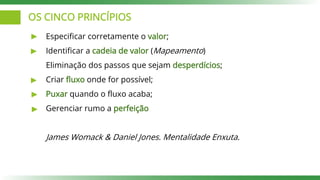OS CINCO PRINCÍPIOS
Especificar corretamente o valor;
Identificar a cadeia de valor (Mapeamento)
Eliminação dos passos que sejam desperdícios;
Criar fluxo onde for possível;
Puxar quando o fluxo acaba;
Gerenciar rumo a perfeição
James Womack & Daniel Jones. Mentalidade Enxuta.
 