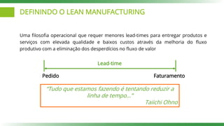 DEFININDO O LEAN MANUFACTURING
Uma filosofia operacional que requer menores lead-times para entregar produtos e
serviços com elevada qualidade e baixos custos através da melhoria do fluxo
produtivo com a eliminação dos desperdícios no fluxo de valor
Pedido Faturamento
“Tudo que estamos fazendo é tentando reduzir a
linha de tempo…”
Taiichi Ohno
Lead-time
 