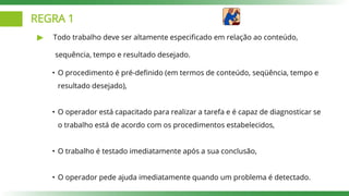REGRA 1
Todo trabalho deve ser altamente especificado em relação ao conteúdo,
sequência, tempo e resultado desejado.
• O procedimento é pré-definido (em termos de conteúdo, seqüência, tempo e
resultado desejado),
• O operador está capacitado para realizar a tarefa e é capaz de diagnosticar se
o trabalho está de acordo com os procedimentos estabelecidos,
• O trabalho é testado imediatamente após a sua conclusão,
• O operador pede ajuda imediatamente quando um problema é detectado.
 