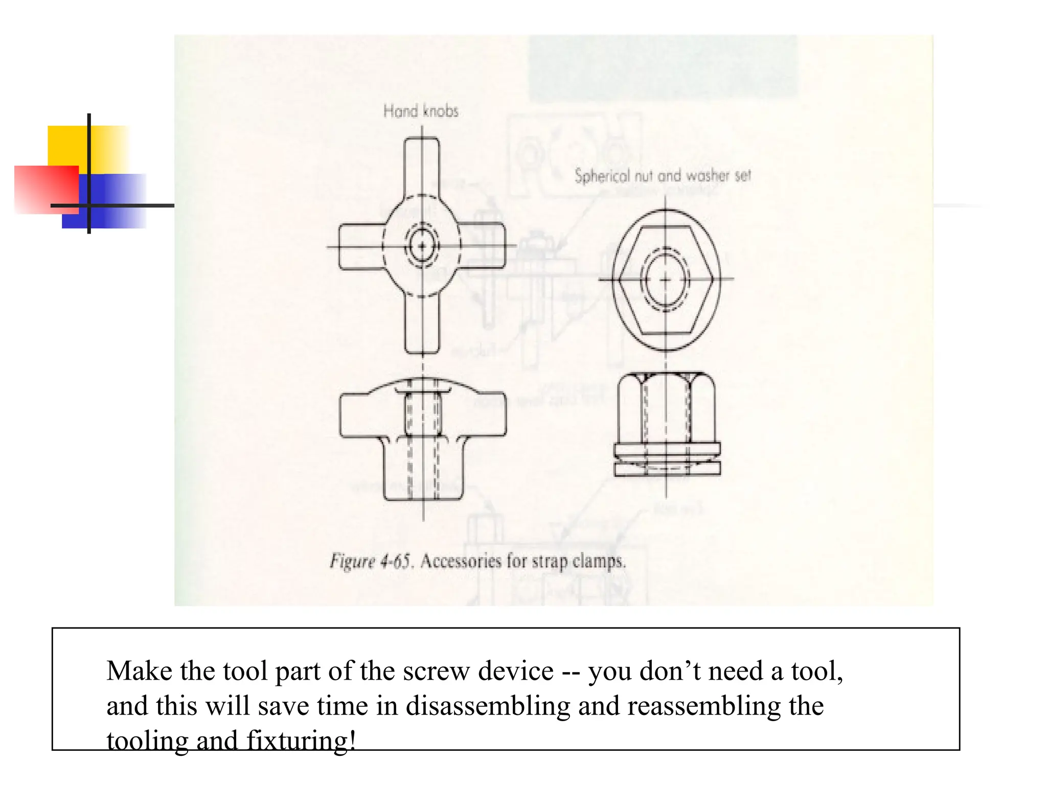09/06/24 25
Make the tool part of the screw device -- you don’t need a tool,
and this will save time in disassembling and reassembling the
tooling and fixturing!
 