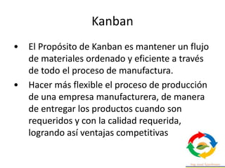 Kanban
• El Propósito de Kanban es mantener un flujo
de materiales ordenado y eficiente a través
de todo el proceso de manufactura.
• Hacer más flexible el proceso de producción
de una empresa manufacturera, de manera
de entregar los productos cuando son
requeridos y con la calidad requerida,
logrando así ventajas competitivas
 