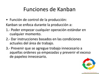 Funciones de Kanban
• Función de control de la producción:
Kanban se enfoca durante la producción a:
1.- Poder empezar cualquier operación estándar en
cualquier momento.
2.- Dar instrucciones basados en las condiciones
actuales del área de trabajo.
3.- Prevenir que se agregue trabajo innecesario a
aquellas ordenes ya empezadas y prevenir el exceso
de papeleo innecesario.
 