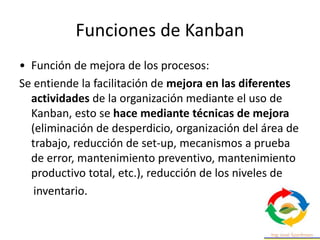 Funciones de Kanban
• Función de mejora de los procesos:
Se entiende la facilitación de mejora en las diferentes
actividades de la organización mediante el uso de
Kanban, esto se hace mediante técnicas de mejora
(eliminación de desperdicio, organización del área de
trabajo, reducción de set-up, mecanismos a prueba
de error, mantenimiento preventivo, mantenimiento
productivo total, etc.), reducción de los niveles de
inventario.
 