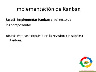 Implementación de Kanban
Fase 3: Implementar Kanban en el resto de
los componentes
Fase 4: Esta fase consiste de la revisión del sistema
Kanban.
 