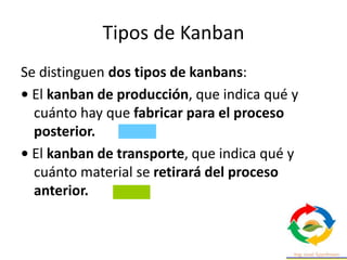Tipos de Kanban
Se distinguen dos tipos de kanbans:
• El kanban de producción, que indica qué y
cuánto hay que fabricar para el proceso
posterior.
• El kanban de transporte, que indica qué y
cuánto material se retirará del proceso
anterior.
 