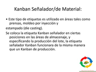 Kanban Señalador/de Material:
• Este tipo de etiquetas es utilizado en áreas tales como
prensas, moldeo por inyección y
estampado (die casting).
Se coloca la etiqueta Kanban señalador en ciertas
posiciones en las áreas de almacenaje, y
especificando la producción del lote, la etiqueta
señalador Kanban funcionara de la misma manera
que un Kanban de producción.
 