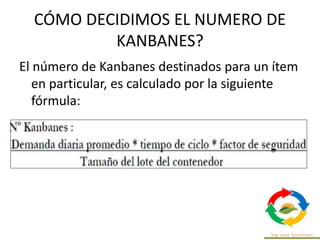 CÓMO DECIDIMOS EL NUMERO DE
KANBANES?
El número de Kanbanes destinados para un ítem
en particular, es calculado por la siguiente
fórmula:
 
