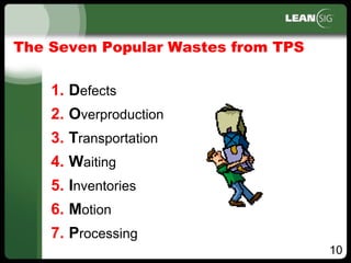 10
The Seven Popular Wastes from TPS
1. Defects
2. Overproduction
3. Transportation
4. Waiting
5. Inventories
6. Motion
7. Processing
 