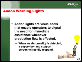23
Andon Warning Lights
• Andon lights are visual tools
that enable operators to signal
the need for immediate
assistance whenever
production flow is affected.
– When an abnormality is detected,
a supervisor and support
personnel rapidly respond.
 