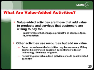 25
What Are Value­Added Activities?
• Value­added activities are those that add value
to products and services that customers are
willing to pay for.
– Improvements that change a product’s or service’s form,
fit, or function.
• Other activities use resources but add no value.
– Some non­value­added activities may be necessary if they
cannot be eliminated based on current knowledge or
technology. Eliminate long term.
– Remaining non­value­added activities should be eliminated
currently.
 