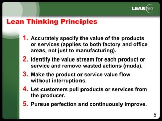 5
Lean Thinking Principles
1. Accurately specify the value of the products
or services (applies to both factory and office
areas, not just to manufacturing).
2. Identify the value stream for each product or
service and remove wasted actions (muda).
3. Make the product or service value flow
without interruptions.
4. Let customers pull products or services from
the producer.
5. Pursue perfection and continuously improve.
 