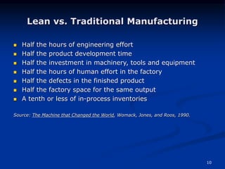 10
Lean vs. Traditional Manufacturing
 Half the hours of engineering effort
 Half the product development time
 Half the investment in machinery, tools and equipment
 Half the hours of human effort in the factory
 Half the defects in the finished product
 Half the factory space for the same output
 A tenth or less of in-process inventories
Source: The Machine that Changed the World, Womack, Jones, and Roos, 1990.
 