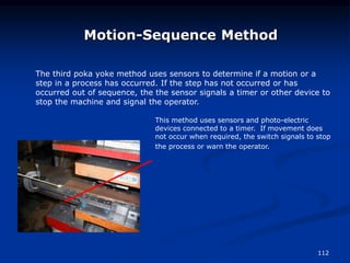 112
Motion-Sequence Method
The third poka yoke method uses sensors to determine if a motion or a
step in a process has occurred. If the step has not occurred or has
occurred out of sequence, the the sensor signals a timer or other device to
stop the machine and signal the operator.
This method uses sensors and photo-electric
devices connected to a timer. If movement does
not occur when required, the switch signals to stop
the process or warn the operator.
 