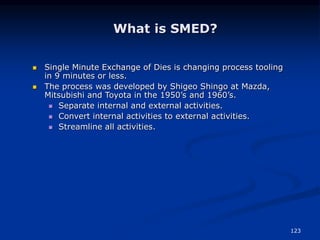 123
What is SMED?
 Single Minute Exchange of Dies is changing process tooling
in 9 minutes or less.
 The process was developed by Shigeo Shingo at Mazda,
Mitsubishi and Toyota in the 1950’s and 1960’s.
 Separate internal and external activities.
 Convert internal activities to external activities.
 Streamline all activities.
 