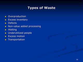35
Types of Waste
 Overproduction
 Excess inventory
 Defects
 Non-value added processing
 Waiting
 Underutilized people
 Excess motion
 Transportation
 