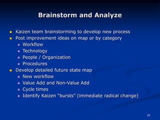 37
Brainstorm and Analyze
 Kaizen team brainstorming to develop new process
 Post improvement ideas on map or by category
 Workflow
 Technology
 People / Organization
 Procedures
 Develop detailed future state map
 New workflow
 Value Add and Non-Value Add
 Cycle times
 Identify Kaizen “bursts” (immediate radical change)
 