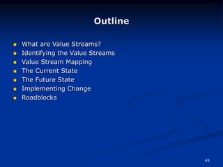 45
Outline
 What are Value Streams?
 Identifying the Value Streams
 Value Stream Mapping
 The Current State
 The Future State
 Implementing Change
 Roadblocks
 