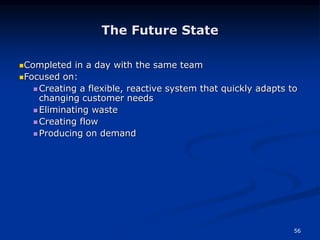 56
The Future State
Completed in a day with the same team
Focused on:
 Creating a flexible, reactive system that quickly adapts to
changing customer needs
 Eliminating waste
 Creating flow
 Producing on demand
 