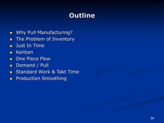 68
Outline
 Why Pull Manufacturing?
 The Problem of Inventory
 Just In Time
 Kanban
 One Piece Flow
 Demand / Pull
 Standard Work & Takt Time
 Production Smoothing
 