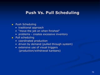 70
Push Vs. Pull Scheduling
 Push Scheduling
• traditional approach
• “move the job on when finished”
• problems - creates excessive inventory
 Pull scheduling
• coordinated production
• driven by demand (pulled through system)
• extensive use of visual triggers
(production/withdrawal kanbans)
 