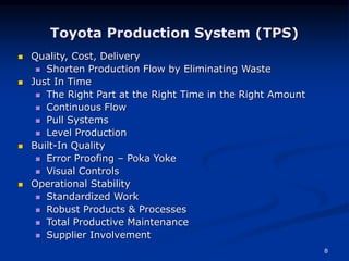 8
Toyota Production System (TPS)
 Quality, Cost, Delivery
 Shorten Production Flow by Eliminating Waste
 Just In Time
 The Right Part at the Right Time in the Right Amount
 Continuous Flow
 Pull Systems
 Level Production
 Built-In Quality
 Error Proofing – Poka Yoke
 Visual Controls
 Operational Stability
 Standardized Work
 Robust Products & Processes
 Total Productive Maintenance
 Supplier Involvement
 