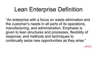 Lean Enterprise Definition
“An enterprise with a focus on waste elimination and
the customer’s needs in all parts of its operations,
manufacturing, and administration. Emphasis is
given to lean structures and processes, flexibility of
response, and methods and techniques to
continually seize new opportunities as they arise.”
– APICS
 