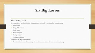 Six Big Losses
What is Six Big Losses?
Six categories of productivity loss that are almost universally experienced in manufacturing:
• Breakdowns
• Setup/Adjustments
• Small Stops
• Reduced Speed
• Startup Rejects
• Production Rejects
How does Six Big Losses help?
• Provides a framework for attacking the most common causes of waste in manufacturing.
 