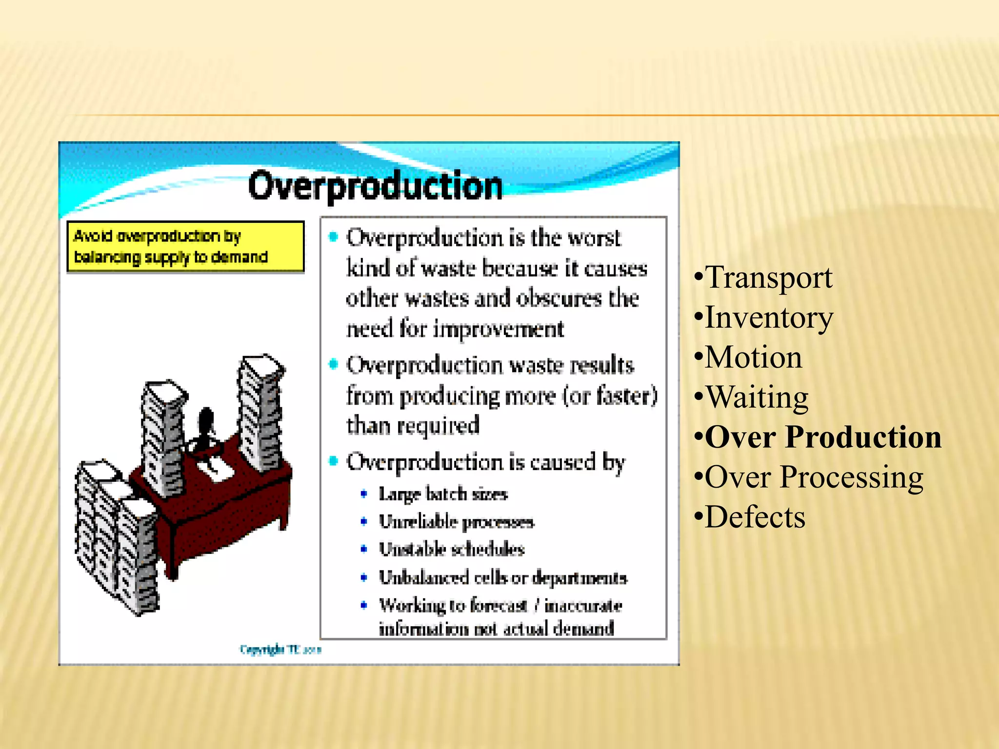•Transport 
•Inventory 
•Motion 
•Waiting 
•Over Production 
•Over Processing 
•Defects 
 