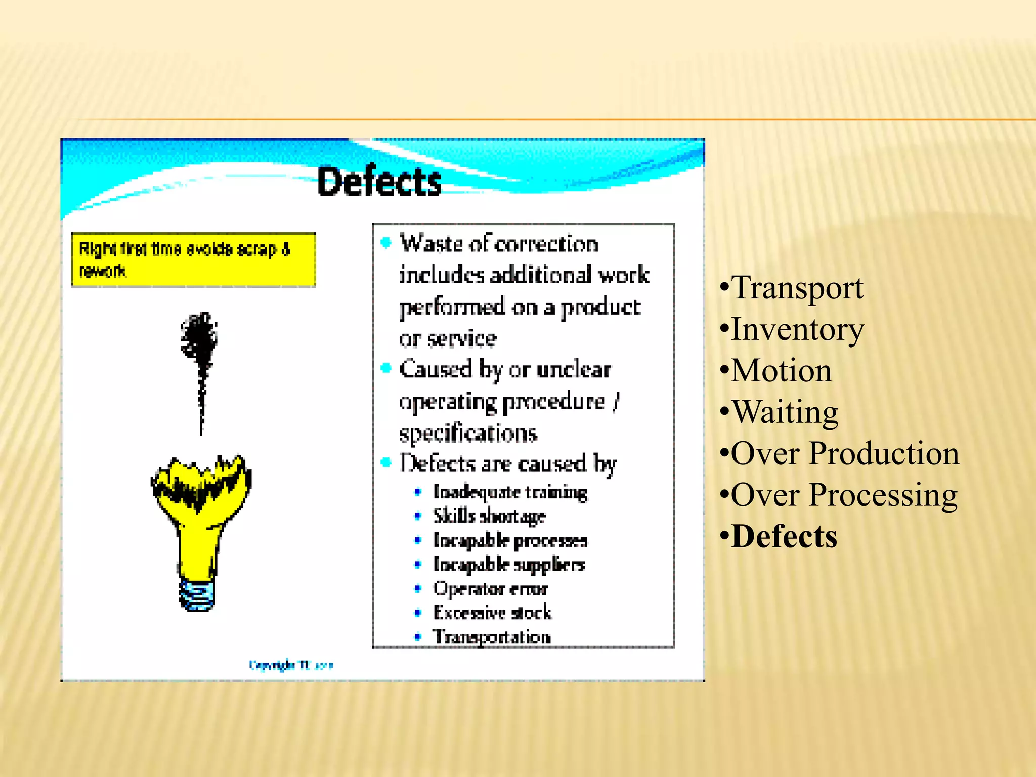 •Transport 
•Inventory 
•Motion 
•Waiting 
•Over Production 
•Over Processing 
•Defects 
 