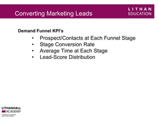 Converting Marketing Leads 
Demand Funnel KPI’s 
• Prospect/Contacts at Each Funnel Stage 
• Stage Conversion Rate 
• Average Time at Each Stage 
• Lead-Score Distribution 
 