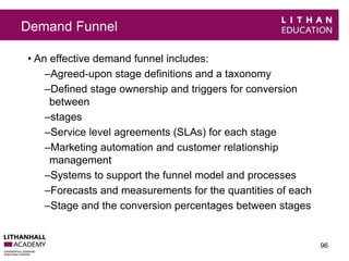 Demand Funnel 
• An effective demand funnel includes: 
–Agreed-upon stage definitions and a taxonomy 
–Defined stage ownership and triggers for conversion 
between 
–stages 
–Service level agreements (SLAs) for each stage 
–Marketing automation and customer relationship 
management 
–Systems to support the funnel model and processes 
–Forecasts and measurements for the quantities of each 
–Stage and the conversion percentages between stages 
96 
 