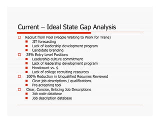 Current – Ideal State Gap Analysis
    Recruit from Pool (People Waiting to Work for Trane)
       JIT forecasting
       Lack of leadership development program
       Candidate branding
     25% Entry Level Positions
       Leadership culture commitment
       Lack of leadership development program
       Headcount vs. $
       Lack of college recruiting resources
     100% Reduction in Unqualified Resumes Reviewed
       Clear job descriptions / qualifications
       Pre-screening tool
     Clear, Concise, Enticing Job Descriptions
       Job code database
       Job description database
 