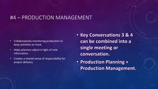 #4 – PRODUCTION MANAGEMENT
• Collaboratively monitoring production to
keep activities on track.
• Helps planners adjust in light of new
information.
• Creates a shared sense of responsibility for
project delivery.
 