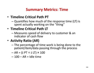 Summary Metrics: Time
• Timeline Critical Path PT
  – Quantifies how much of the response time (LT) is 
    spent actually working on the “thing”
• Timeline Critical Path LT
  – Measures speed of delivery to customer & an 
    indicator of cash flow
• Activity Ratio (AR)
  – The percentage of time work is being done to the 
    patient/item/data passing through the process
  – AR = (Σ PT ÷ Σ LT) × 100
  – 100 – AR = Idle time

                                                        104
 