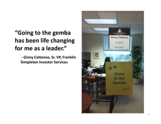 “Going to the gemba 
has been life changing 
for me as a leader.”
   ‐ Ginny Cattaneo, Sr. VP, Franklin
  Templeton Investor Services 




                                        21
 