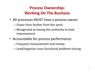Process Ownership:
         Working On The Business
• All processes MUST have a process owner.
  – Closer than farther from the work.
  – Recognized as having the authority to lead 
    improvement.
• Accountable for process performance.
  – Frequent measurement and review.
  – Lead/organize cross‐functional problem solving.




                                                      72
 