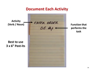 Document Each Activity

    Activity              
 (Verb / Noun)                                Function that 
                                              performs the 
                                                  task


 Best to use 
3 x 6” Post‐its




                                                               89
 