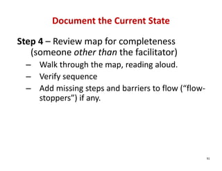 Document the Current State

Step 4 – Review map for completeness 
   (someone other than the facilitator)
  – Walk through the map, reading aloud.
  – Verify sequence
  – Add missing steps and barriers to flow (“flow‐
    stoppers”) if any.




                                                     91
 