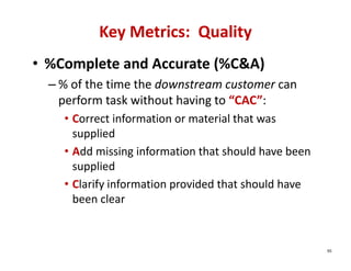 Key Metrics:  Quality
• %Complete and Accurate (%C&A)
  – % of the time the downstream customer can 
    perform task without having to “CAC”:
    • Correct information or material that was 
      supplied
    • Add missing information that should have been 
      supplied
    • Clarify information provided that should have 
      been clear


                                                       95
 