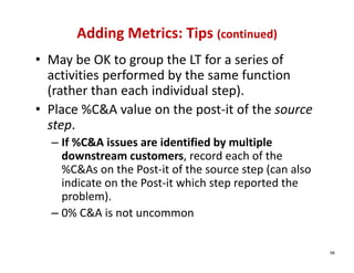 Adding Metrics: Tips (continued)
• May be OK to group the LT for a series of 
  activities performed by the same function 
  (rather than each individual step). 
• Place %C&A value on the post‐it of the source 
  step.
  – If %C&A issues are identified by multiple 
    downstream customers, record each of the 
    %C&As on the Post‐it of the source step (can also 
    indicate on the Post‐it which step reported the 
    problem). 
  – 0% C&A is not uncommon


                                                         98
 