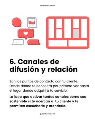 Son los puntos de contacto con tu cliente.
Desde dónde te conocerá por primera vez hasta
el lugar donde adquirirá tu servicio.
6. Canales de
difusión y relación
guillermoirure.com
La idea que activar tantos canales como sea
sostenible si te acercan a tu cliente y te
permiten escucharle y atenderle.
#humanebusiness
 