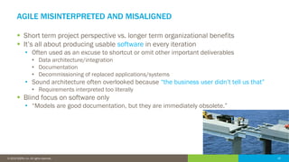 10© 2016 IDERA, Inc. All rights reserved. Proprietary and confidential. 10© 2019 IDERA, Inc. All rights reserved.
AGILE MISINTERPRETED AND MISALIGNED
▪ Short term project perspective vs. longer term organizational benefits
▪ It’s all about producing usable software in every iteration
• Often used as an excuse to shortcut or omit other important deliverables
• Data architecture/integration
• Documentation
• Decommissioning of replaced applications/systems
• Sound architecture often overlooked because “the business user didn’t tell us that”
• Requirements interpreted too literally
▪ Blind focus on software only
• “Models are good documentation, but they are immediately obsolete.”
 