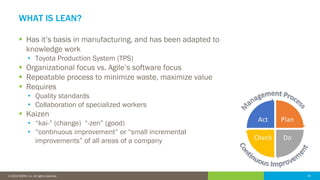33© 2016 IDERA, Inc. All rights reserved. Proprietary and confidential. 33© 2019 IDERA, Inc. All rights reserved.
WHAT IS LEAN?
▪ Has it’s basis in manufacturing, and has been adapted to
knowledge work
• Toyota Production System (TPS)
▪ Organizational focus vs. Agile’s software focus
▪ Repeatable process to minimize waste, maximize value
▪ Requires
• Quality standards
• Collaboration of specialized workers
▪ Kaizen
• “kai-” (change) “-zen” (good)
• “continuous improvement” or “small incremental
improvements” of all areas of a company
 